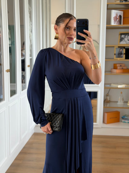 Vestido New Karina Um Ombro Só com Calda