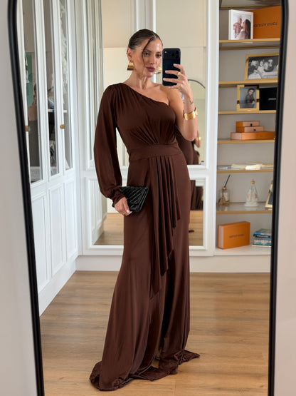 Vestido New Karina Um Ombro Só com Calda