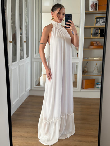 Vestido Longo Gola Alta em Chiffon com Caimento Fluido