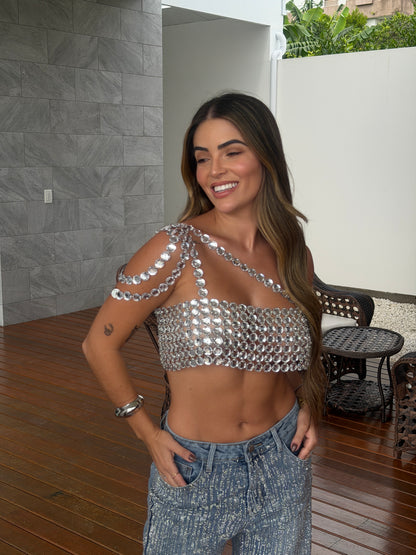 Top Um Ombro Só com Pedrarias e Brilho Glam