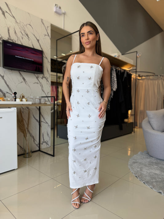 Vestido Midi Ajustado com Aplicações Brilhantes