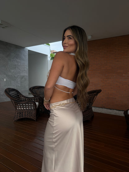 Top com Pérolas e Correntes Douradas Luxo