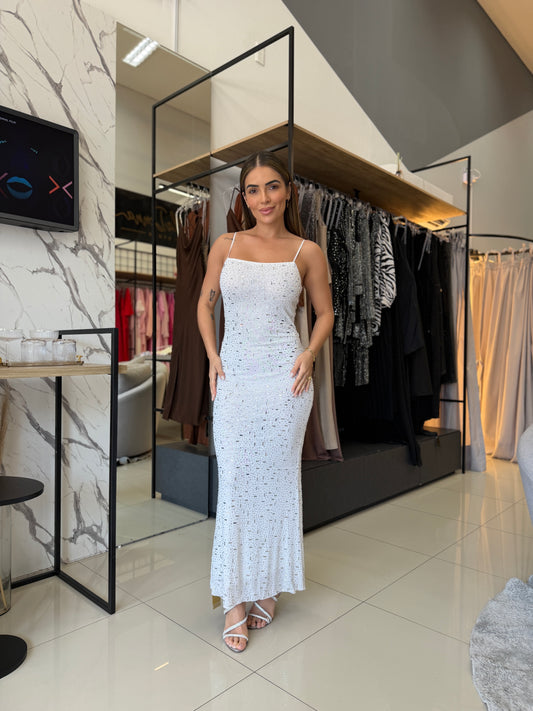 Vestido Midi aplicações de Brilhos e Alças Finas