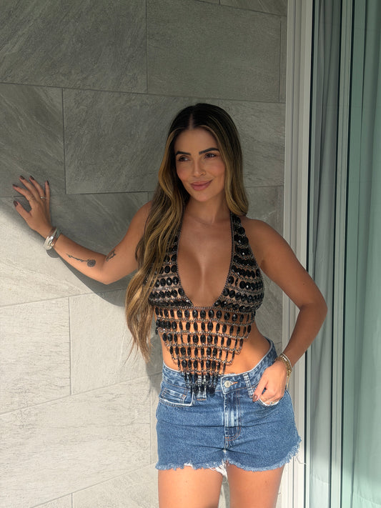 Top Frente Única Bordado com Pedrarias e Franjas Glam