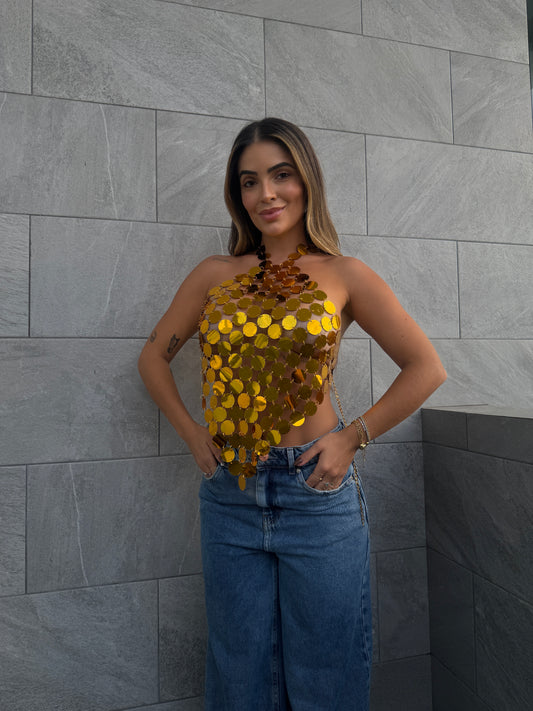 Top Halter Metalizado com Paetês Espelhados
