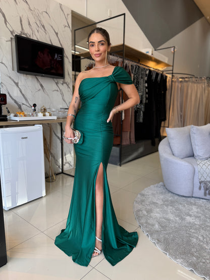 Vestido Longo Acetinado Um Ombro Só com Fenda