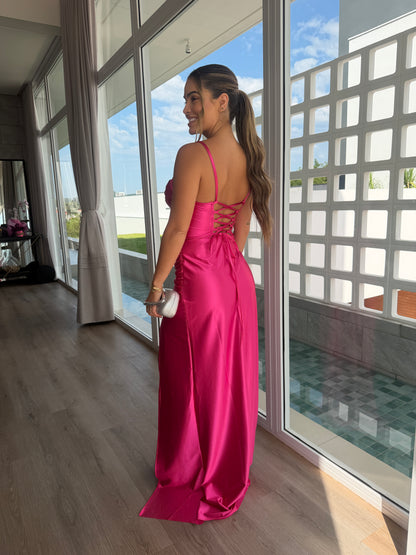 Vestido Longo Acetinado com Corset e Fenda