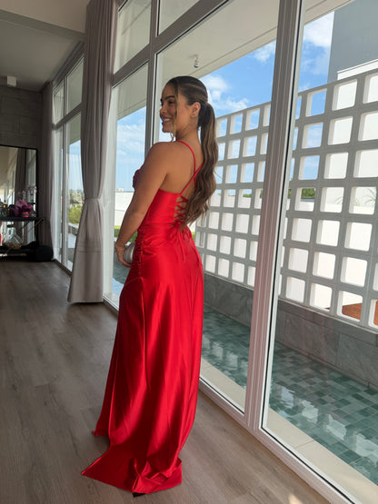 Vestido Longo Acetinado com Corset e Fenda