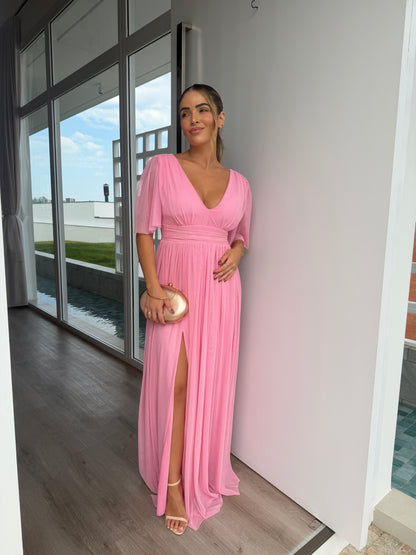 Vestido com Decote V, Fenda e Saia Plissada Fluida
