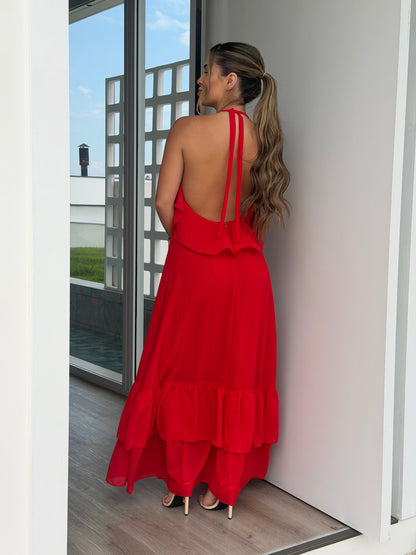 Vestido Longo Fluido com Babados e Alças Halter