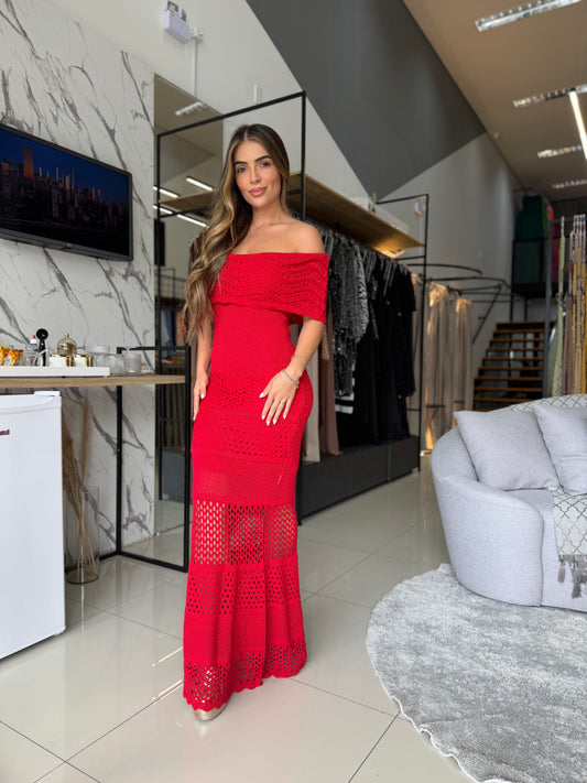 Vestido Longo em Crochê Ombro a Ombro
