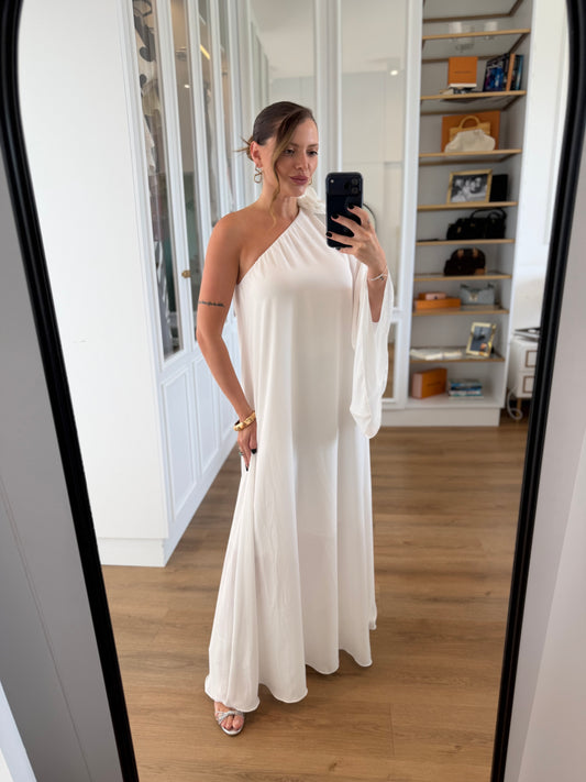 Vestido Longo Um Ombro Só com Manga Fluida