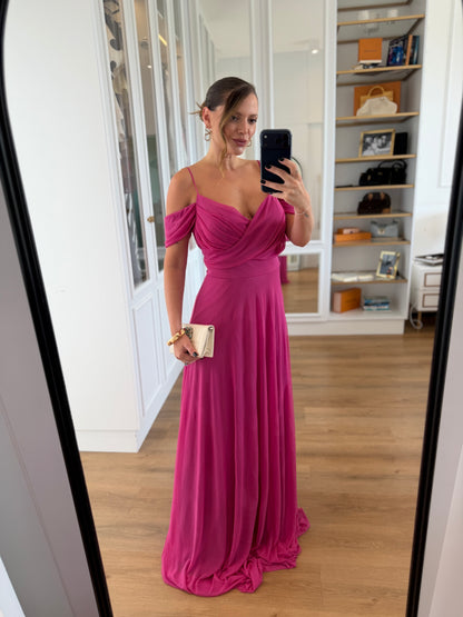 Vestido Longo Ombro a Ombro com Decote Transpassado