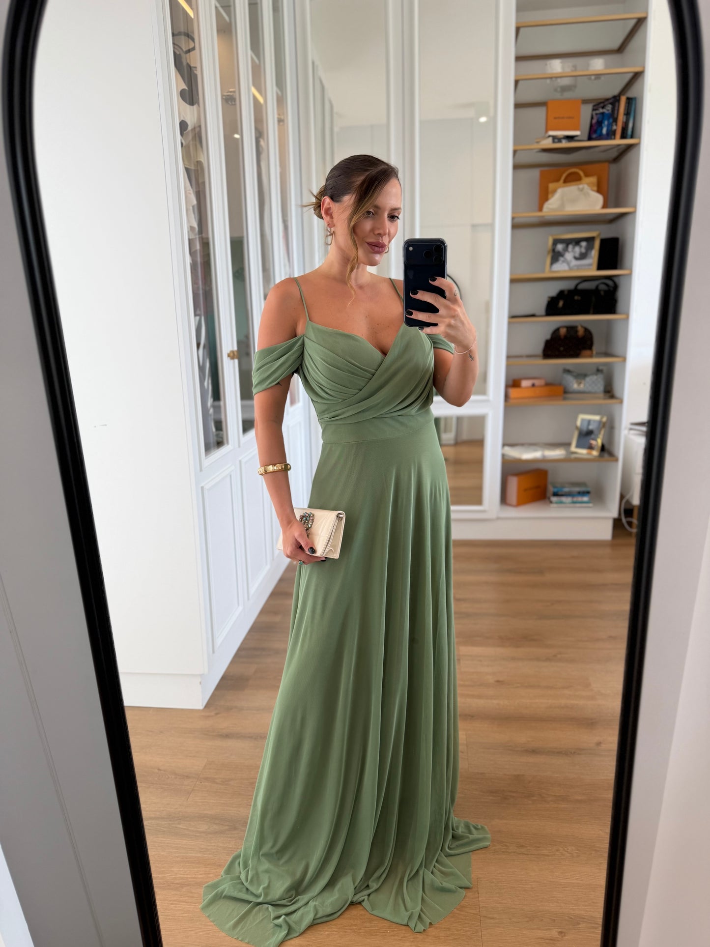 Vestido Longo Ombro a Ombro com Decote Transpassado
