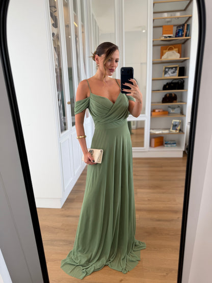 Vestido Longo Ombro a Ombro com Decote Transpassado