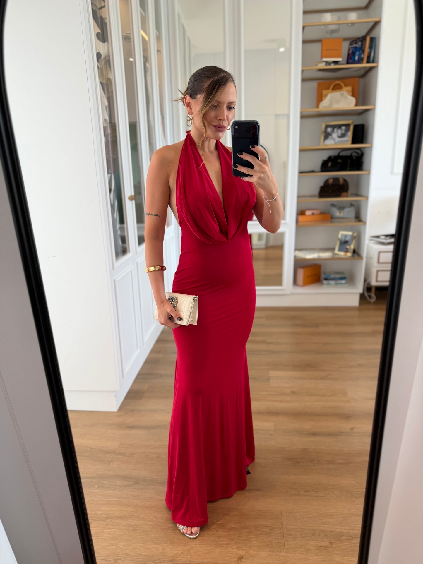 Vestido Longo Frente Única Decote Degagê Elegante