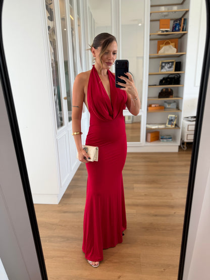 Vestido Longo Frente Única Decote Degagê Elegante