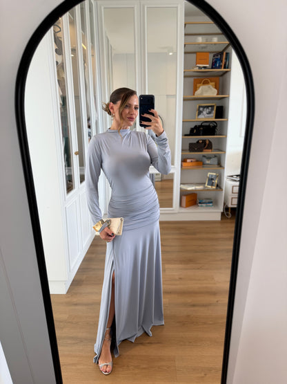 Vestido Manga Longa com Fenda e Drapeado
