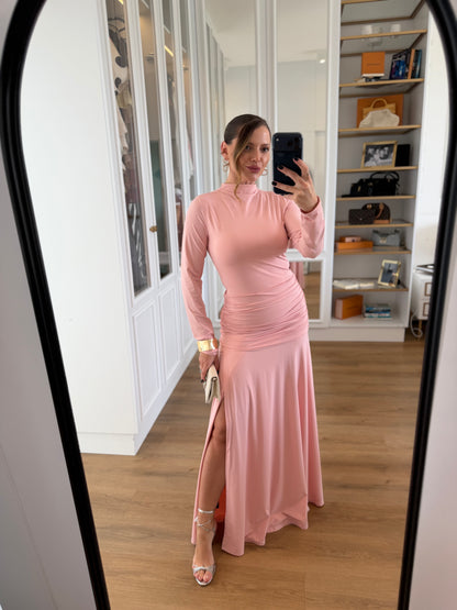 Vestido Manga Longa com Fenda e Drapeado