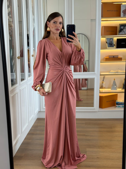 Vestido Karina com Drapeado Frontal Manga Longa