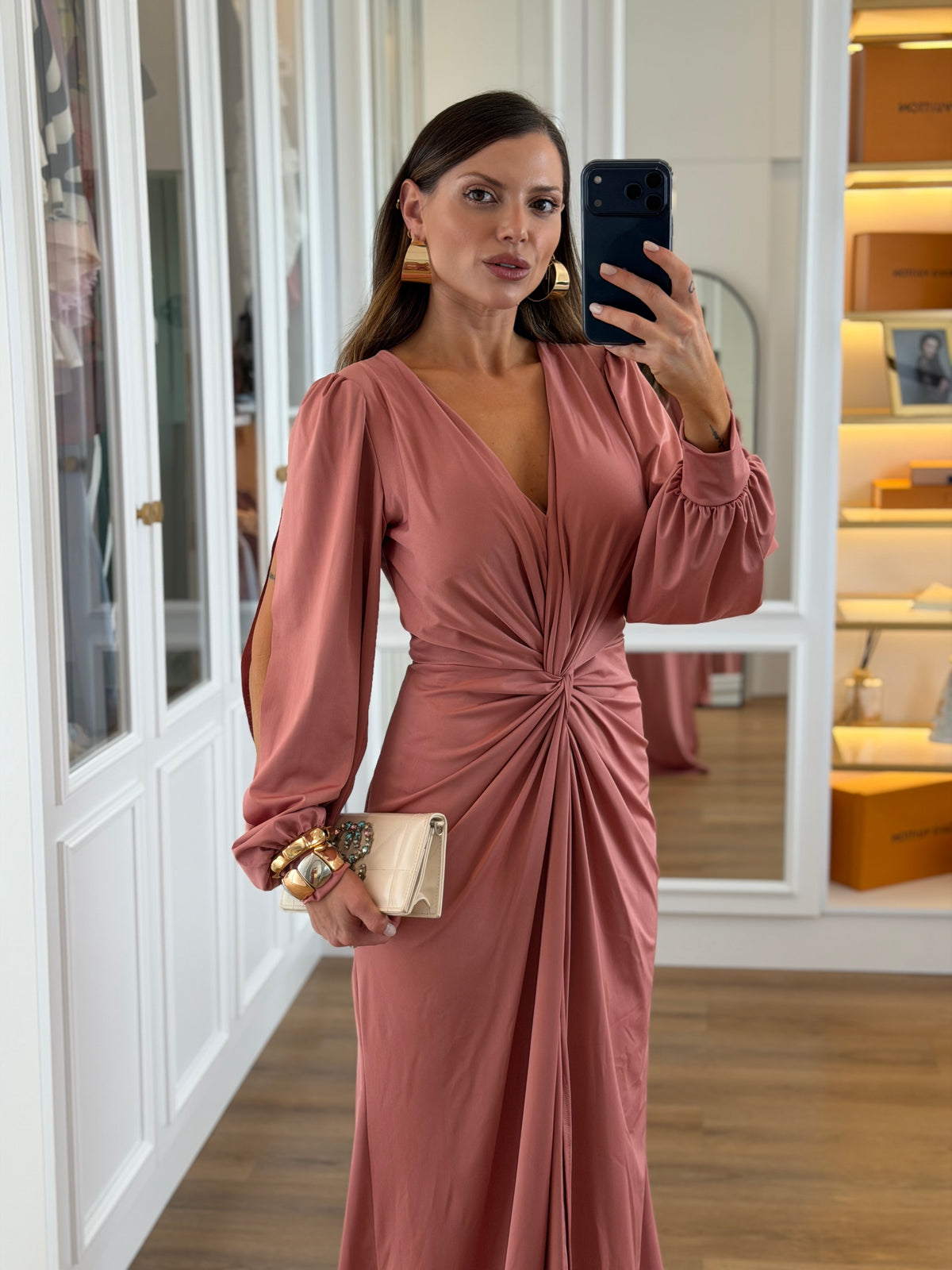 Vestido Karina com Drapeado Frontal Manga Longa