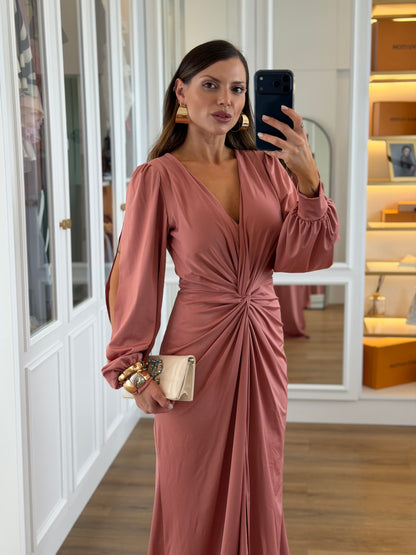 Vestido Karina com Drapeado Frontal Manga Longa