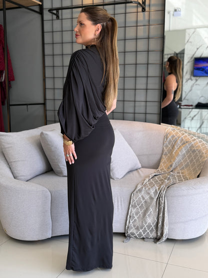 Vestido Longo Vivi Drapeado de Um Ombro Só