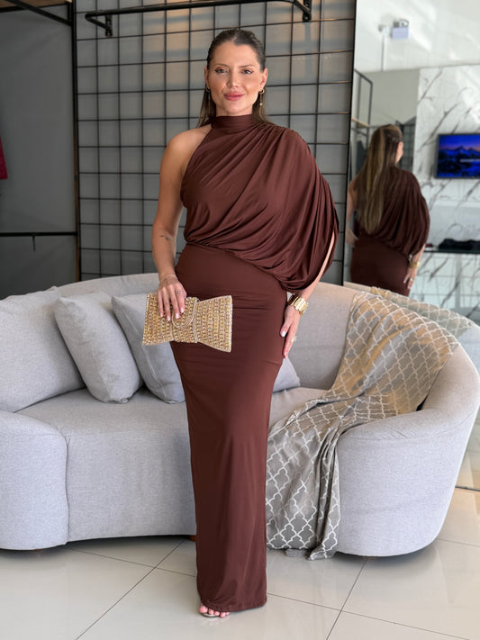 Vestido Longo Vivi Drapeado de Um Ombro Só