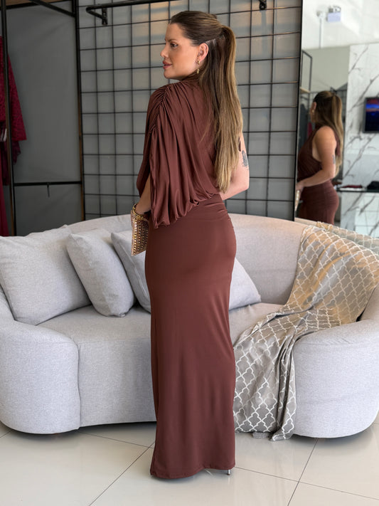 Vestido Longo Vivi Drapeado de Um Ombro Só