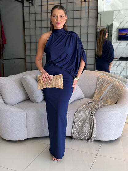 Vestido Longo Vivi Drapeado de Um Ombro Só