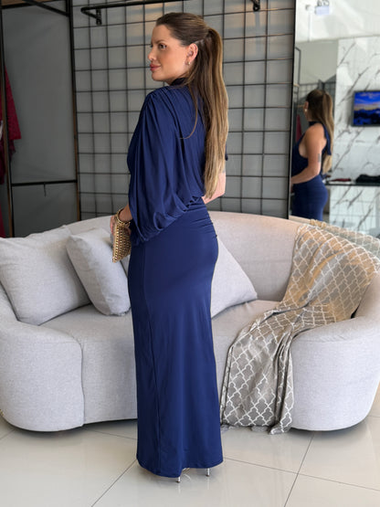 Vestido Longo Vivi Drapeado de Um Ombro Só