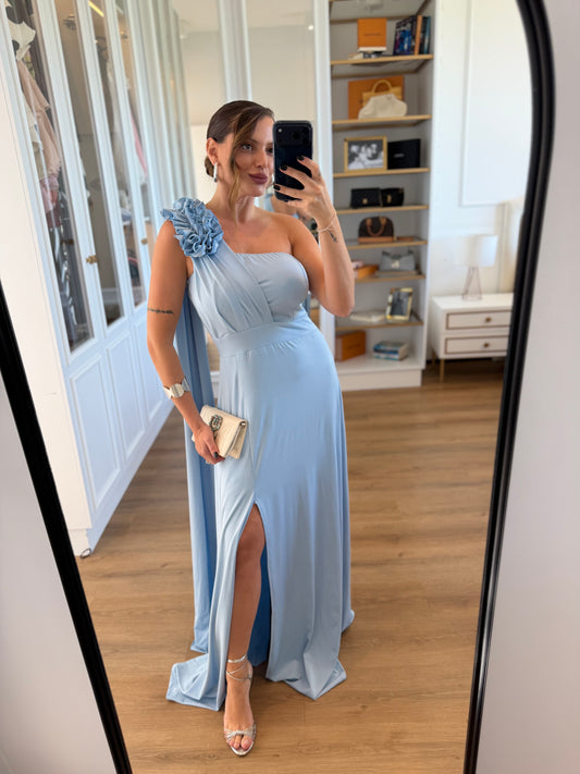 Vestido Karina Um Ombro Só Detalhe Flor e Fenda
