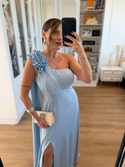 Vestido Karina Um Ombro Só Detalhe Flor e Fenda