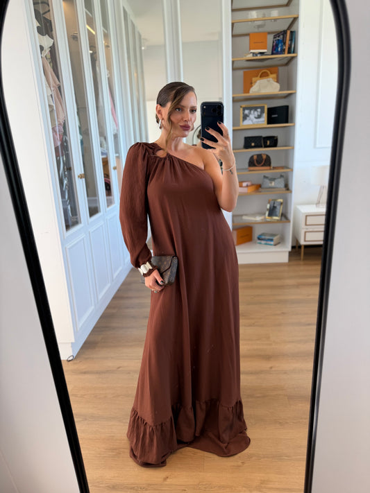 Vestido Sofia Argola Um Ombro Só com Manga Bufante
