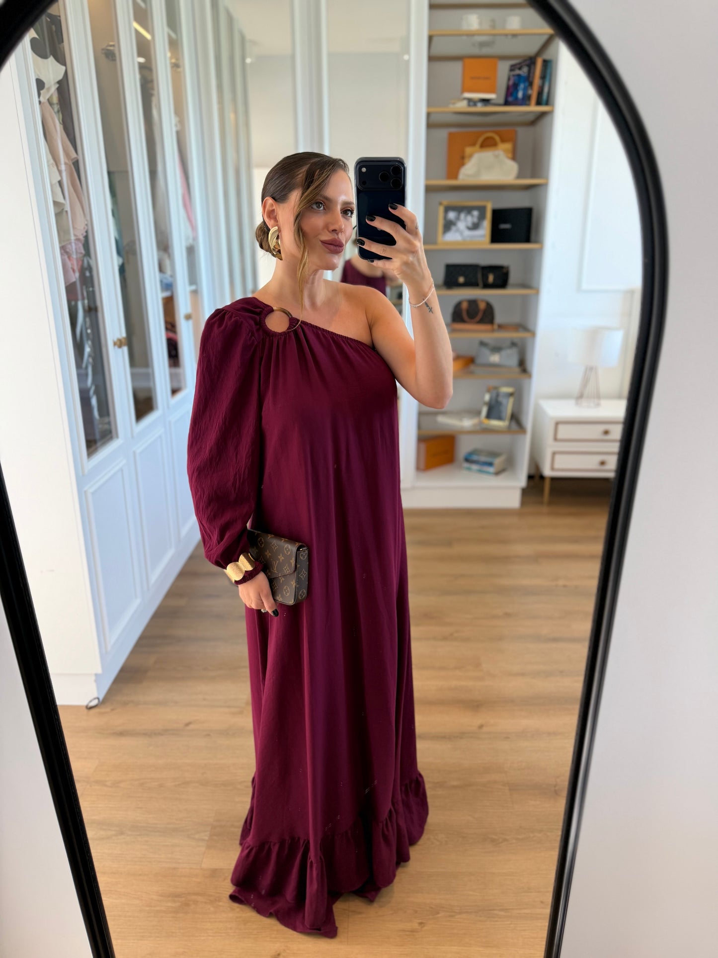 Vestido Sofia Argola Um Ombro Só com Manga Bufante