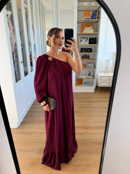 Vestido Sofia Argola Um Ombro Só com Manga Bufante
