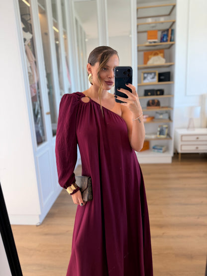 Vestido Sofia Argola Um Ombro Só com Manga Bufante