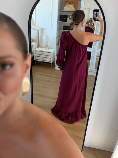 Vestido Sofia Argola Um Ombro Só com Manga Bufante