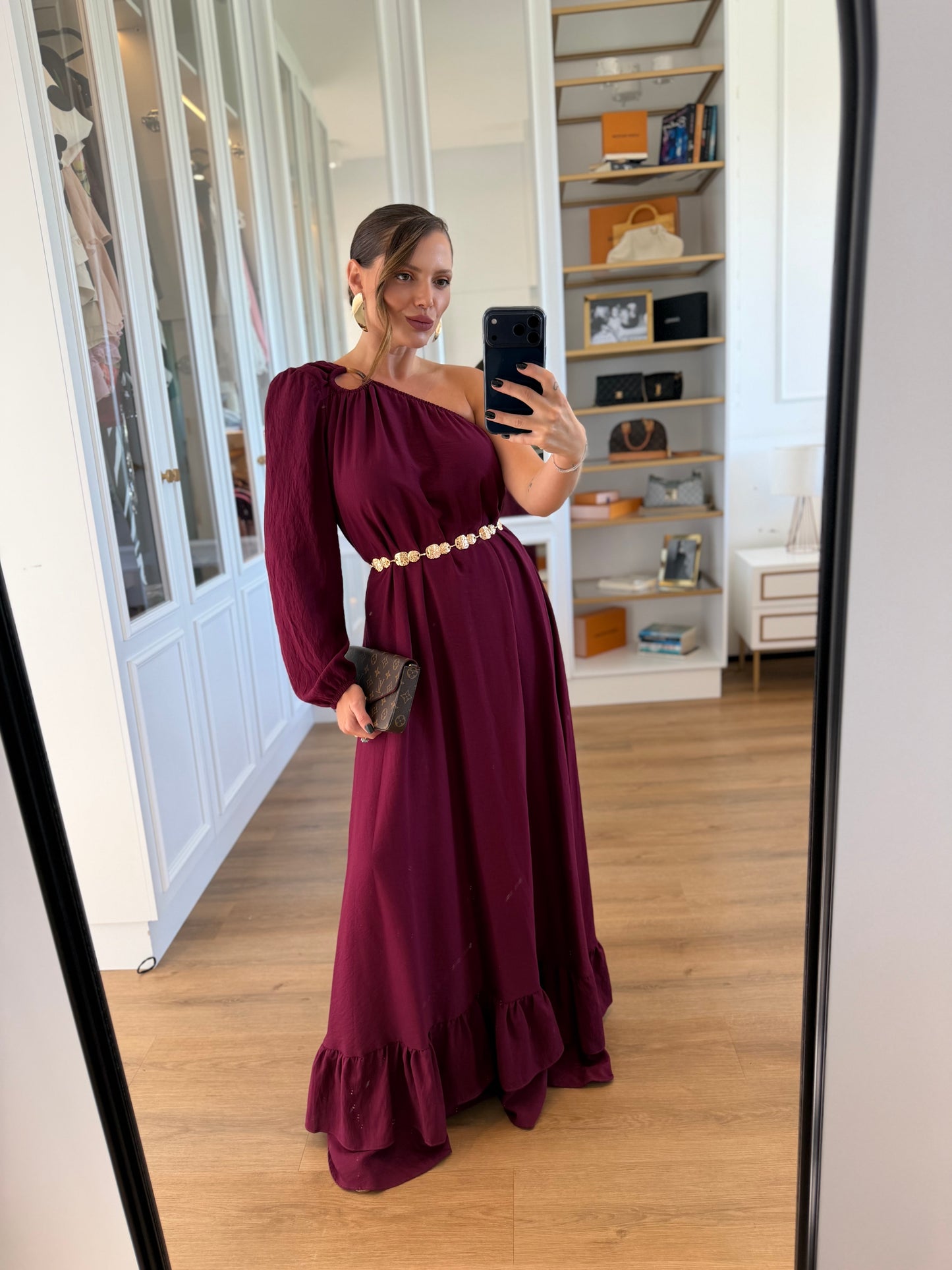 Vestido Sofia Argola Um Ombro Só com Manga Bufante