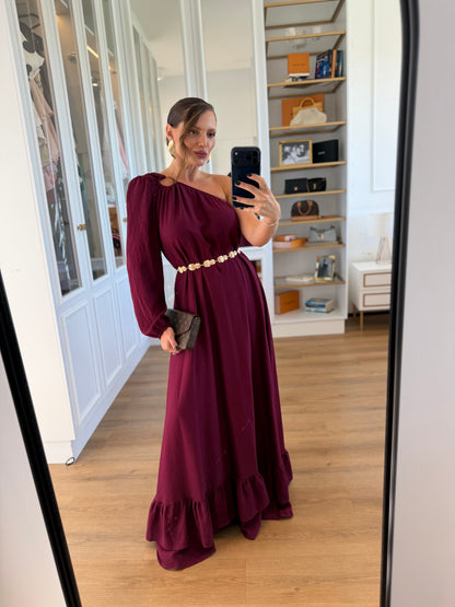 Vestido Sofia Argola Um Ombro Só com Manga Bufante