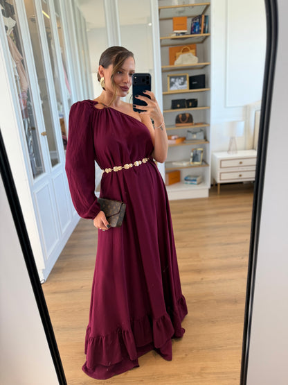 Vestido Sofia Argola Um Ombro Só com Manga Bufante