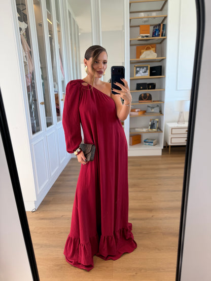 Vestido Sofia Argola Um Ombro Só com Manga Bufante