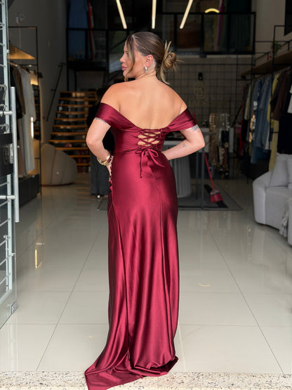Vestido Longo Ombro a Ombro com Corselet e Fenda