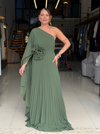 Vestido Longo Plissado Um Ombro Só com Flor Aplicada