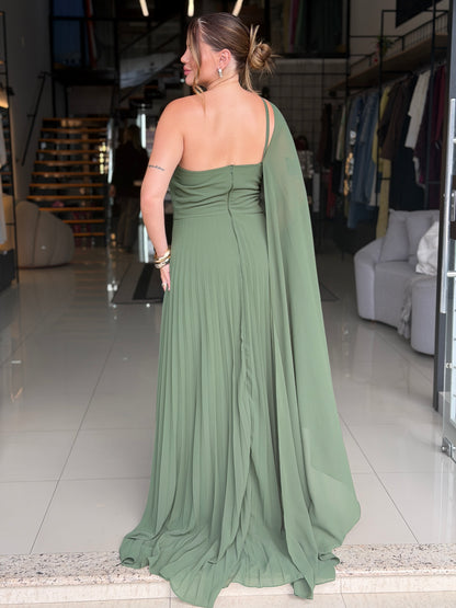 Vestido Longo Plissado Um Ombro Só com Flor Aplicada