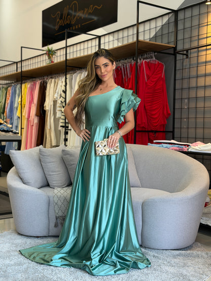 Vestido Longo Acetinado Um Ombro Só com Babado