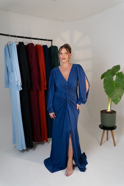 Vestido Karina com Drapeado Frontal Manga Longa