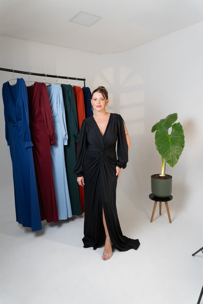 Vestido Karina com Drapeado Frontal Manga Longa