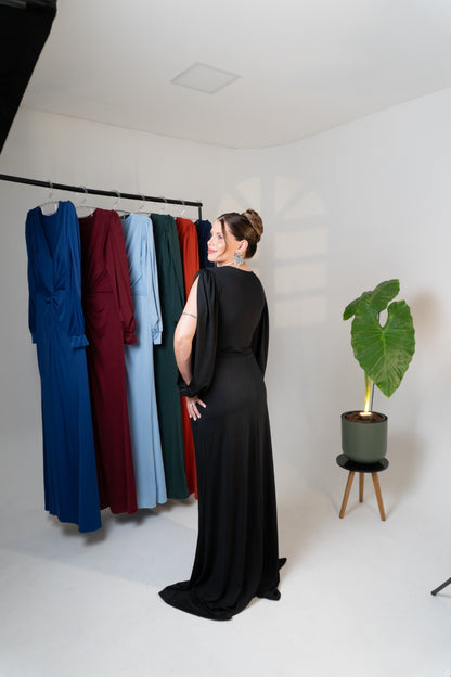 Vestido Karina com Drapeado Frontal Manga Longa