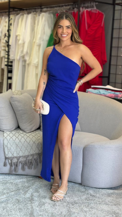 Vestido Midi com Fenda Um Ombro